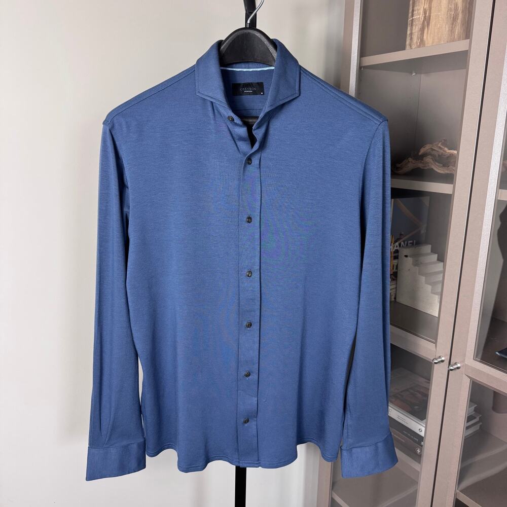 Greyson Catskill Vintage Indigo Knit Shirt Medium Blue Cutaway Long Sleeve Top